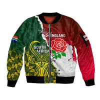 Personalised South Africa And England Rugby Sleeve Zip Bomber Jacket 2023 Springboks Combine Red Roses Sporty Style - Wonder Print Shop
