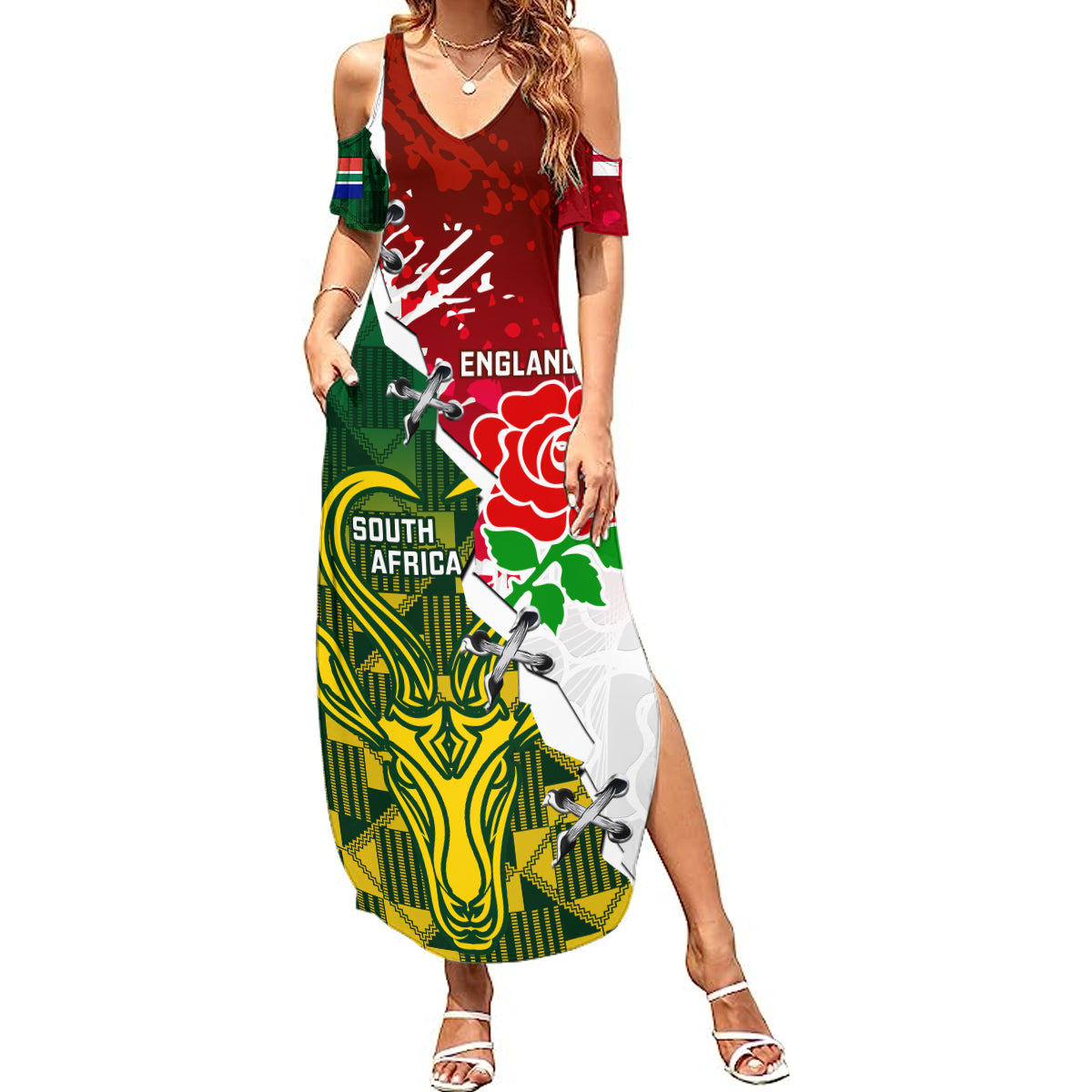 Personalised South Africa And England Rugby Summer Maxi Dress 2023 Springboks Combine Red Roses Sporty Style - Wonder Print Shop