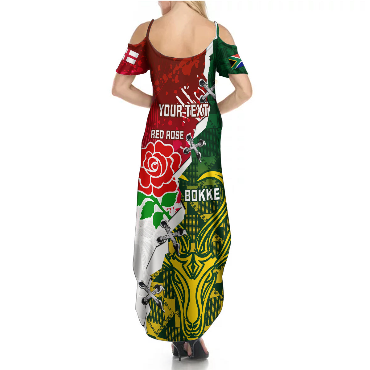 Personalised South Africa And England Rugby Summer Maxi Dress 2023 Springboks Combine Red Roses Sporty Style - Wonder Print Shop