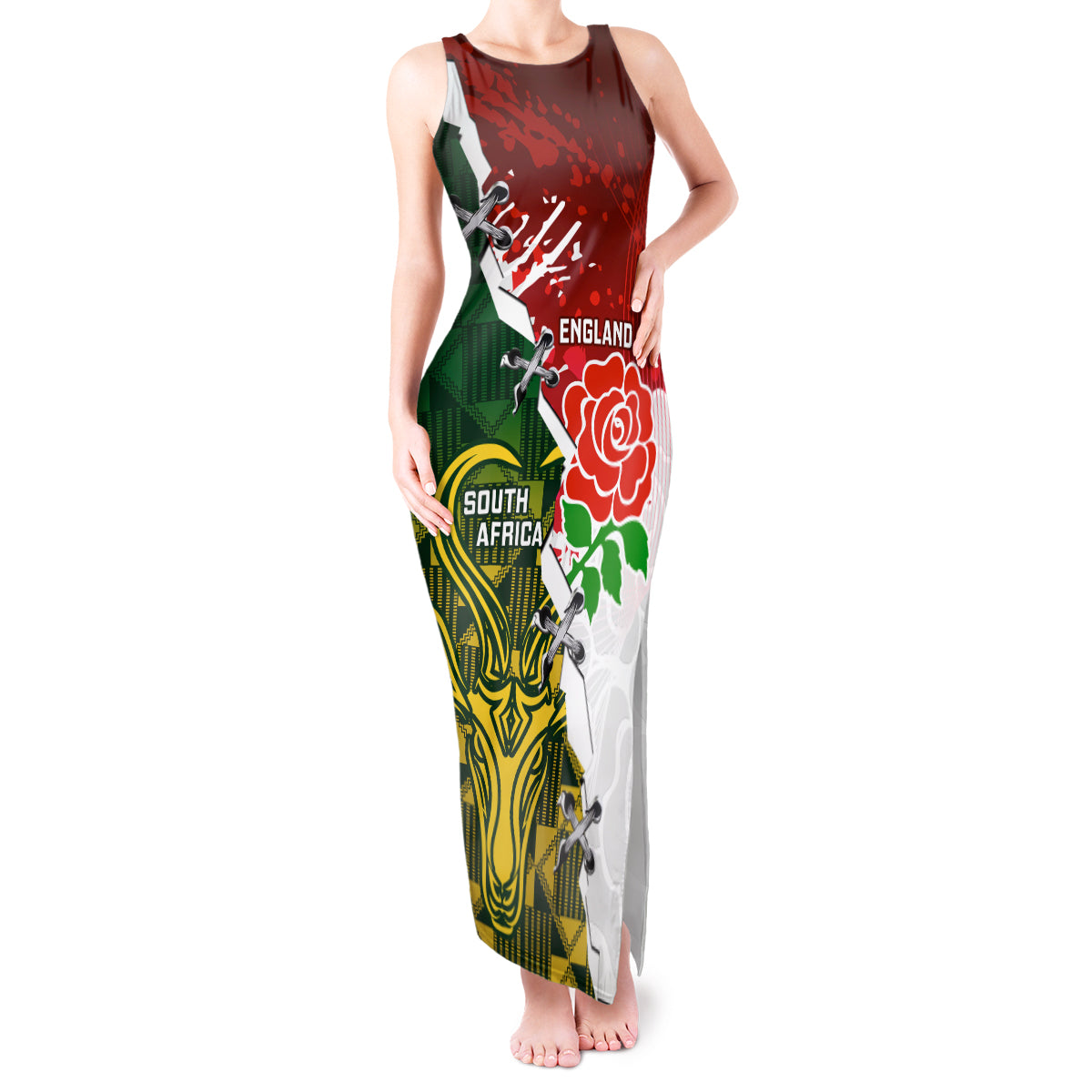 Personalised South Africa And England Rugby Tank Maxi Dress 2023 Springboks Combine Red Roses Sporty Style - Wonder Print Shop