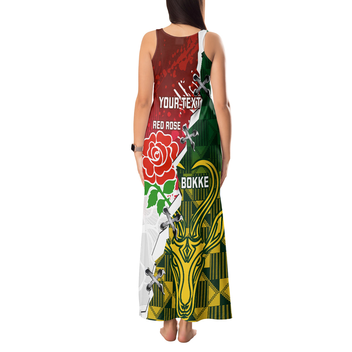 Personalised South Africa And England Rugby Tank Maxi Dress 2023 Springboks Combine Red Roses Sporty Style - Wonder Print Shop