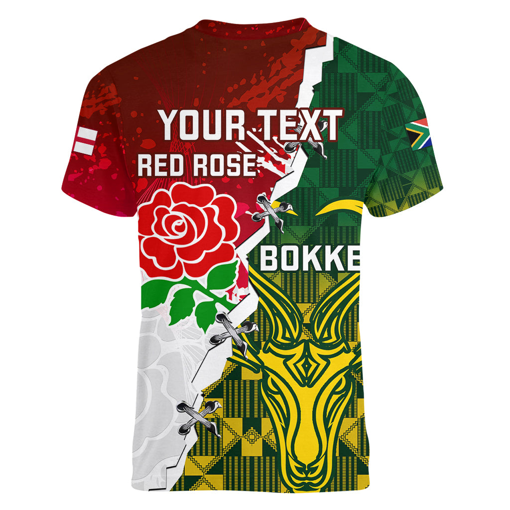 Personalised South Africa And England Rugby Women V Neck T Shirt 2023 Springboks Combine Red Roses Sporty Style - Wonder Print Shop