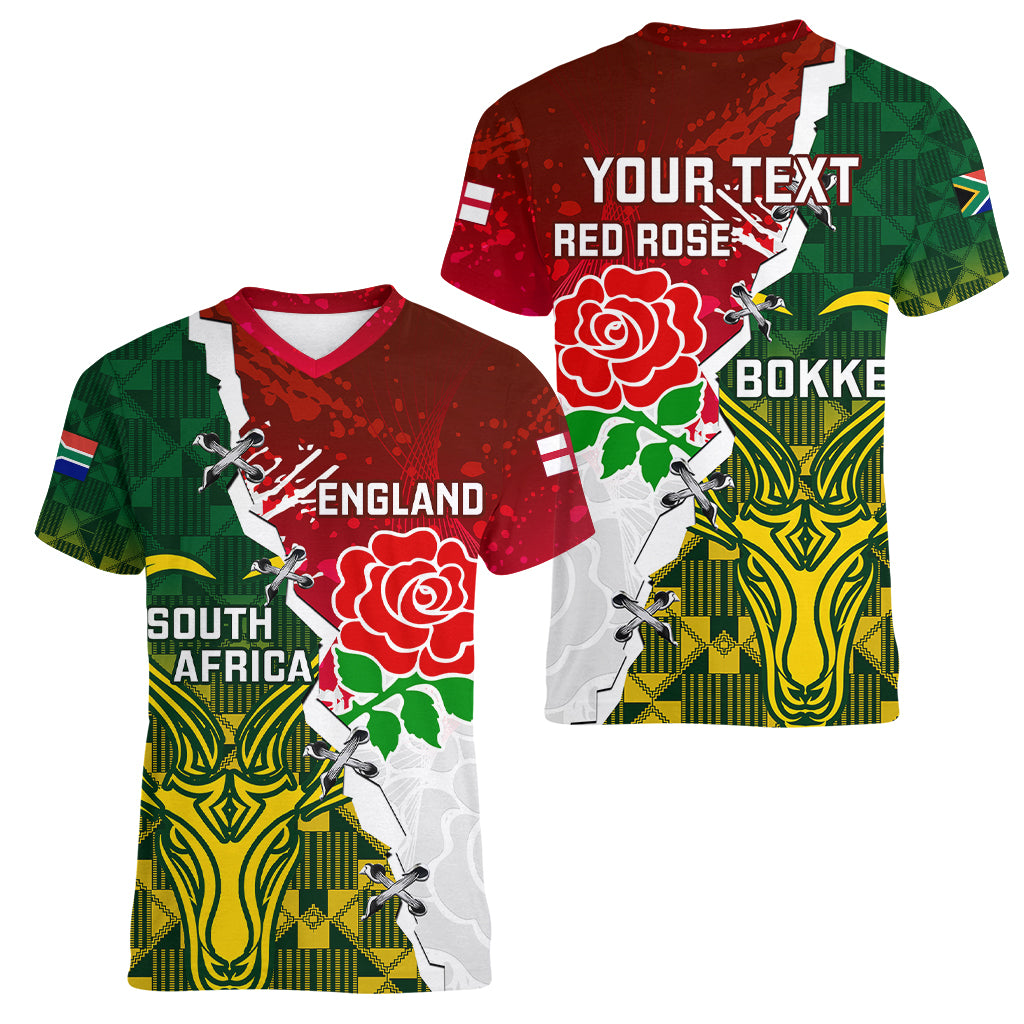 Personalised South Africa And England Rugby Women V Neck T Shirt 2023 Springboks Combine Red Roses Sporty Style - Wonder Print Shop