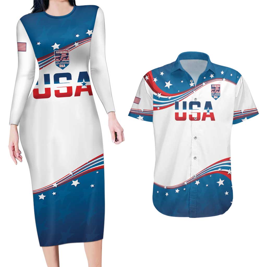 Personalized USA Rowing Couples Matching Long Sleeve Bodycon Dress and Hawaiian Shirt 2024 United States Flag Curve Style - Wonder Print Shop