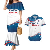 Personalized USA Rowing Couples Matching Mermaid Dress and Hawaiian Shirt 2024 United States Flag Curve Style - Wonder Print Shop