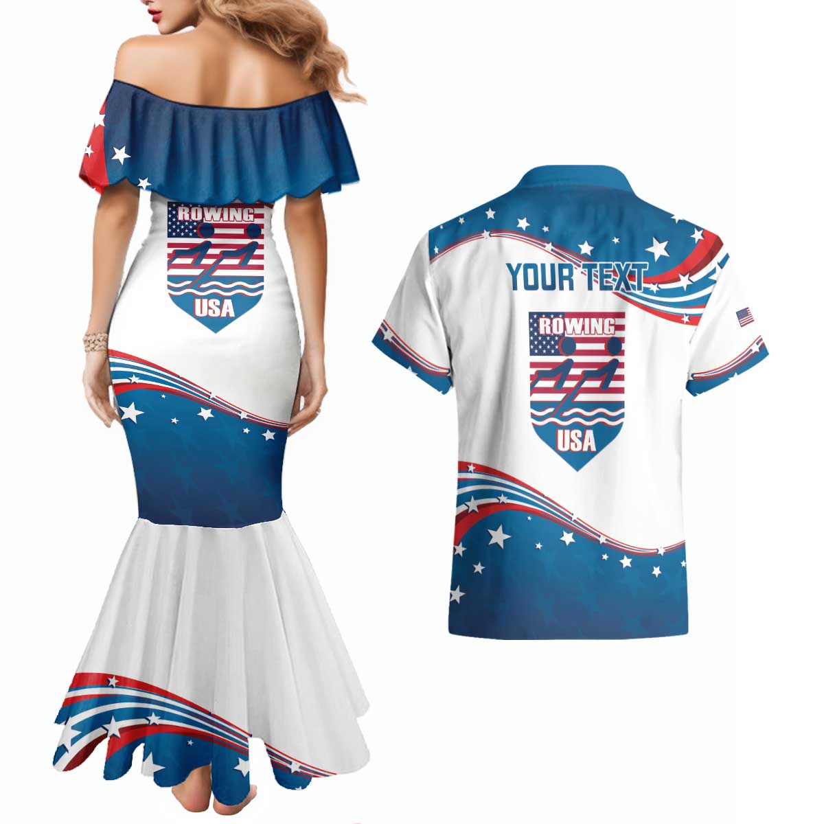 Personalized USA Rowing Couples Matching Mermaid Dress and Hawaiian Shirt 2024 United States Flag Curve Style - Wonder Print Shop