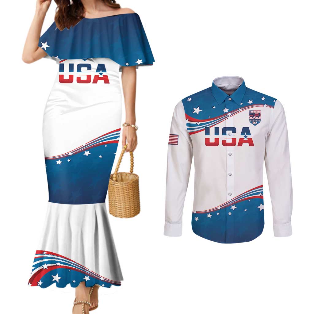 Personalized USA Rowing Couples Matching Mermaid Dress and Long Sleeve Button Shirt 2024 United States Flag Curve Style