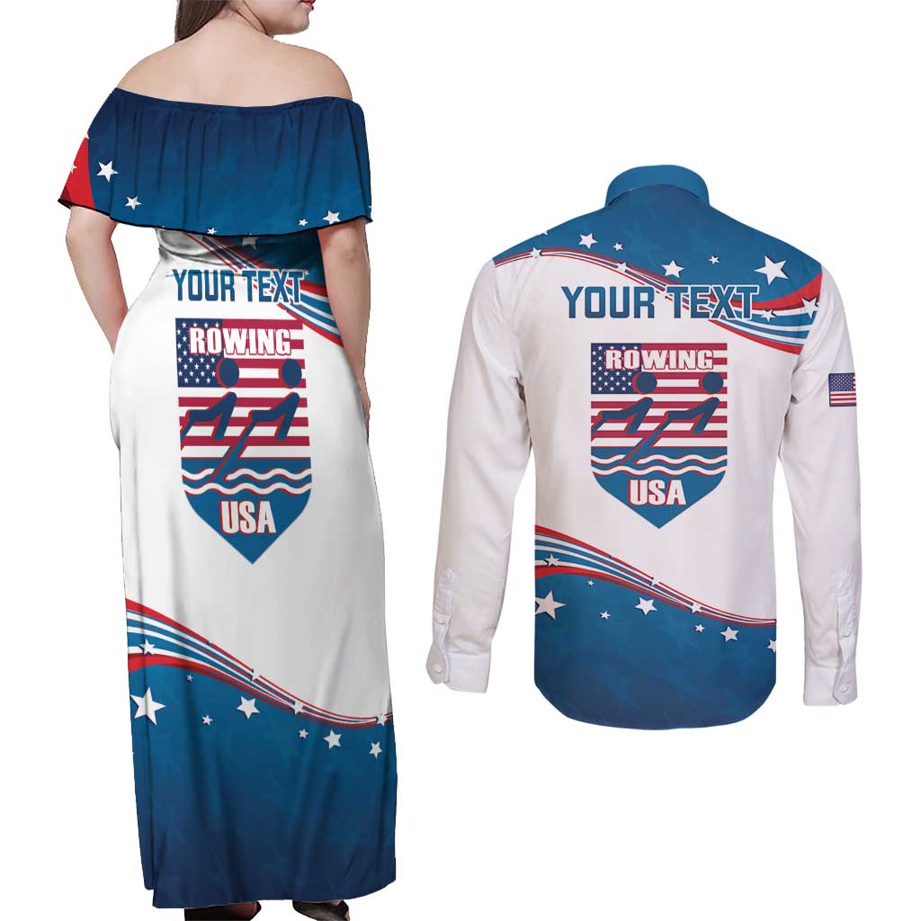 Personalized USA Rowing Couples Matching Off Shoulder Maxi Dress and Long Sleeve Button Shirt 2024 United States Flag Curve Style - Wonder Print Shop
