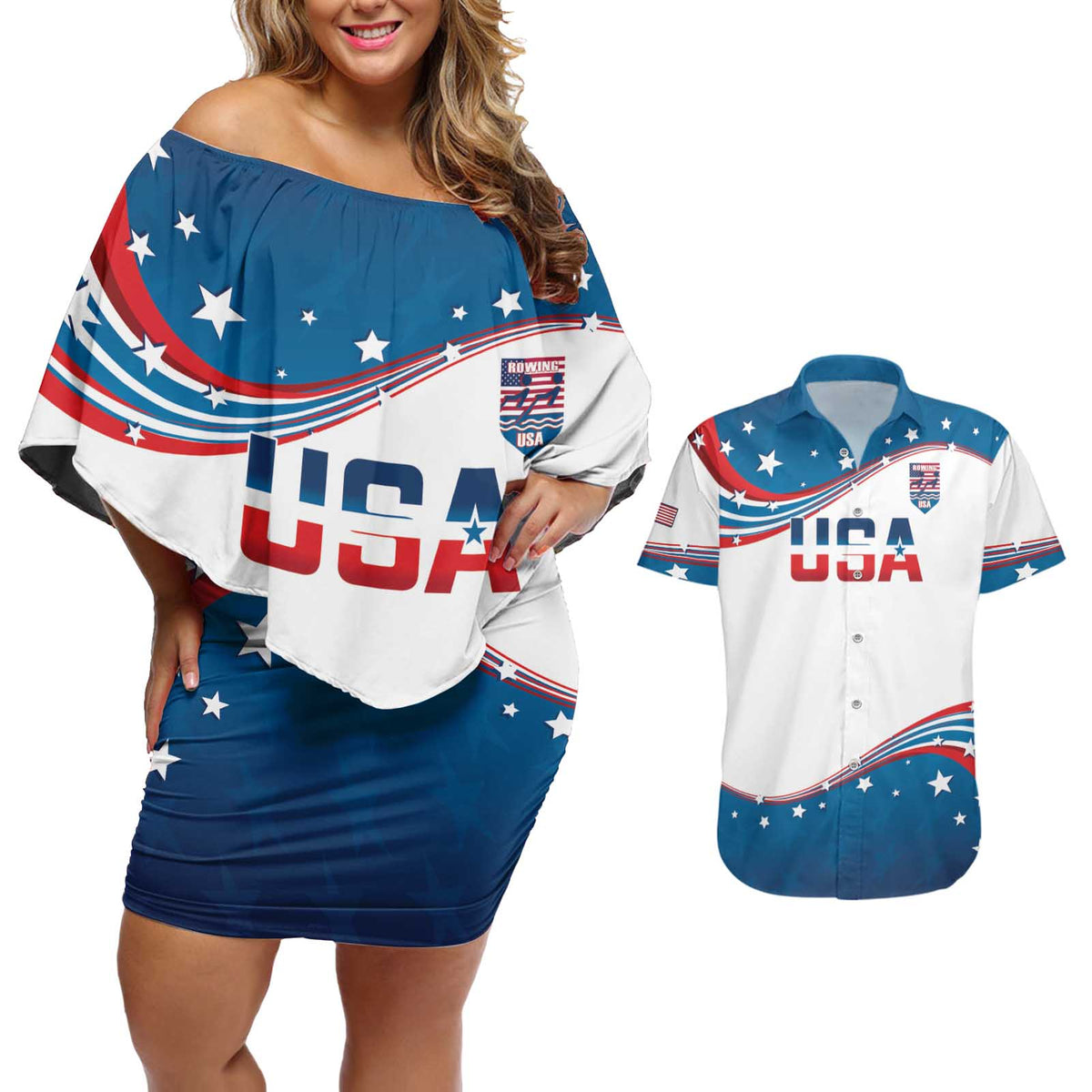 Personalized USA Rowing Couples Matching Off Shoulder Short Dress and Hawaiian Shirt 2024 United States Flag Curve Style - Wonder Print Shop