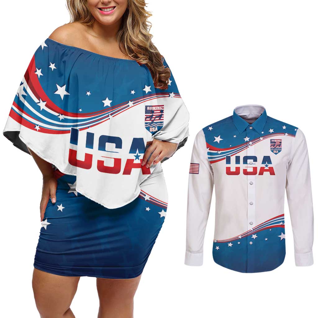 Personalized USA Rowing Couples Matching Off Shoulder Short Dress and Long Sleeve Button Shirt 2024 United States Flag Curve Style - Wonder Print Shop