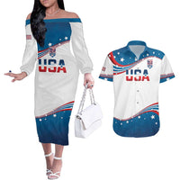 Personalized USA Rowing Couples Matching Off The Shoulder Long Sleeve Dress and Hawaiian Shirt 2024 United States Flag Curve Style - Wonder Print Shop