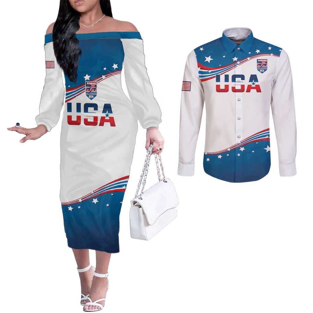 Personalized USA Rowing Couples Matching Off The Shoulder Long Sleeve Dress and Long Sleeve Button Shirt 2024 United States Flag Curve Style