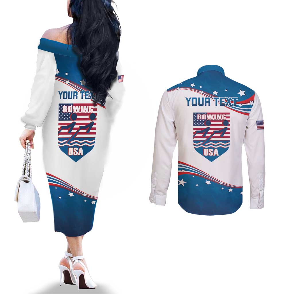 Personalized USA Rowing Couples Matching Off The Shoulder Long Sleeve Dress and Long Sleeve Button Shirt 2024 United States Flag Curve Style