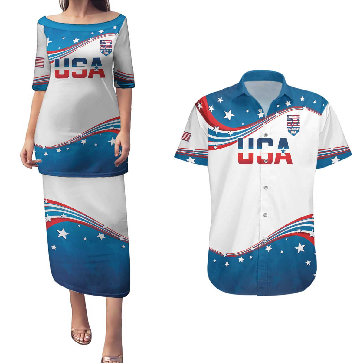 Personalized USA Rowing Couples Matching Puletasi and Hawaiian Shirt 2024 United States Flag Curve Style - Wonder Print Shop
