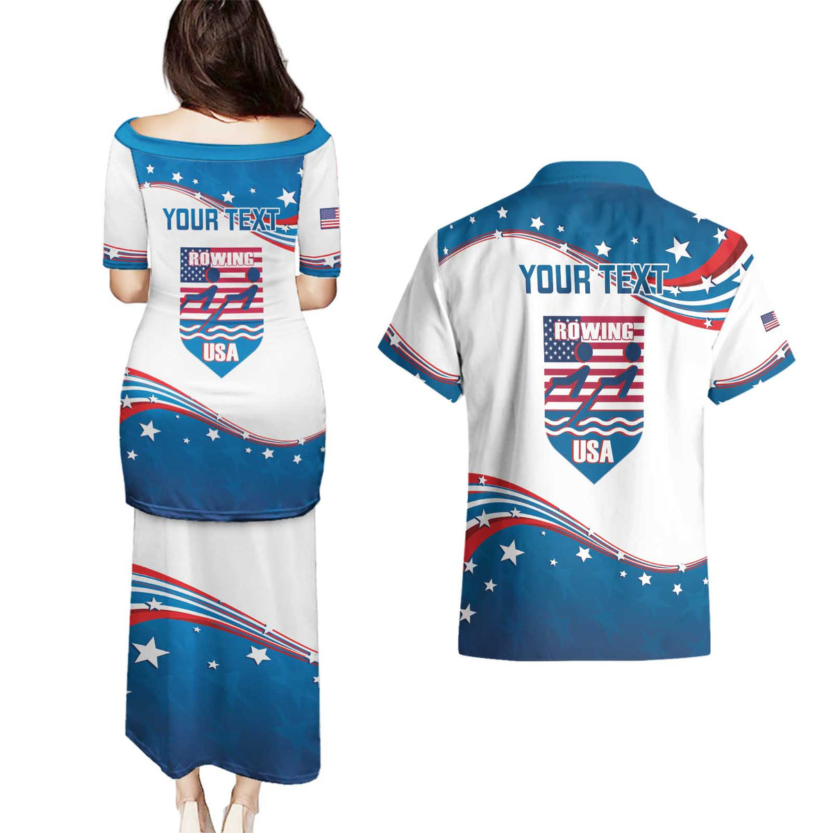 Personalized USA Rowing Couples Matching Puletasi and Hawaiian Shirt 2024 United States Flag Curve Style - Wonder Print Shop