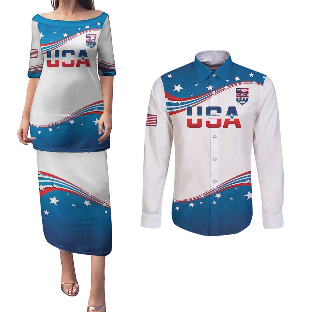 Personalized USA Rowing Couples Matching Puletasi and Long Sleeve Button Shirt 2024 United States Flag Curve Style - Wonder Print Shop