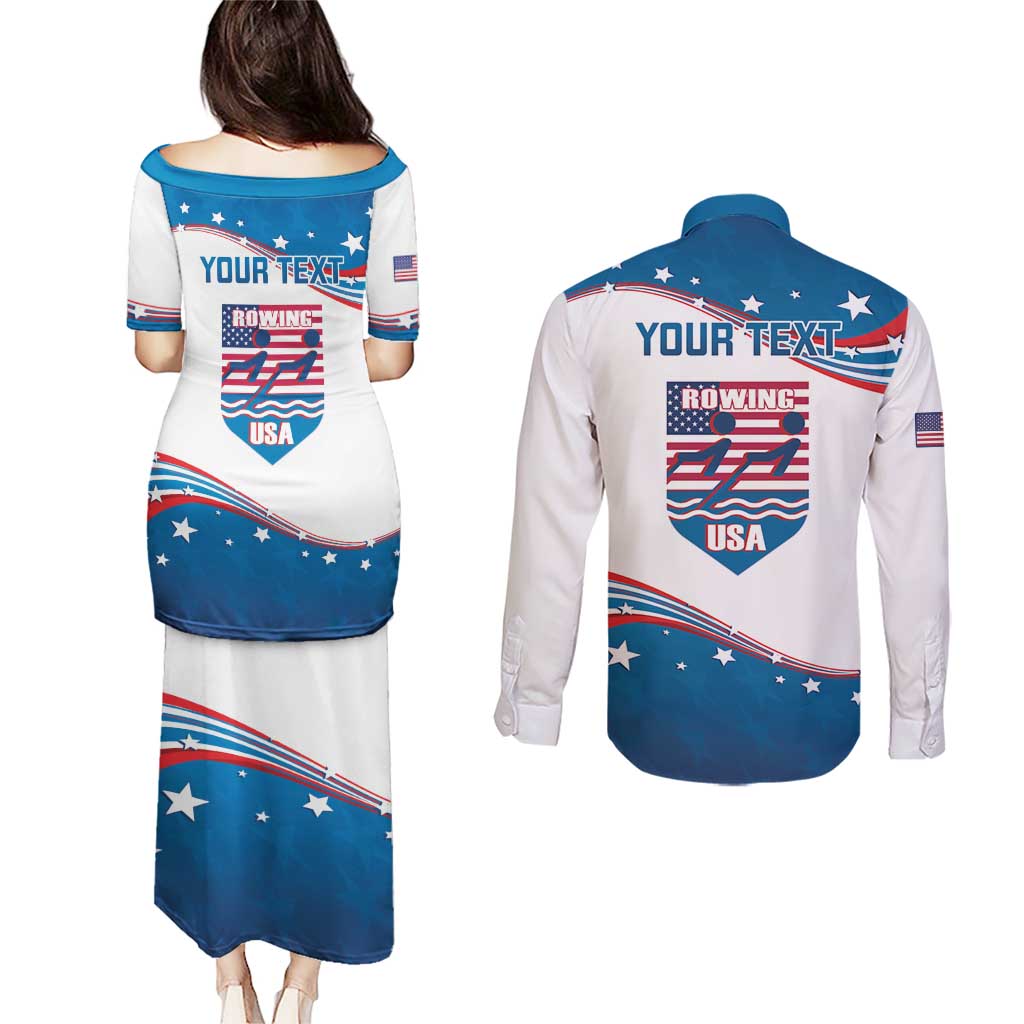 Personalized USA Rowing Couples Matching Puletasi and Long Sleeve Button Shirt 2024 United States Flag Curve Style - Wonder Print Shop