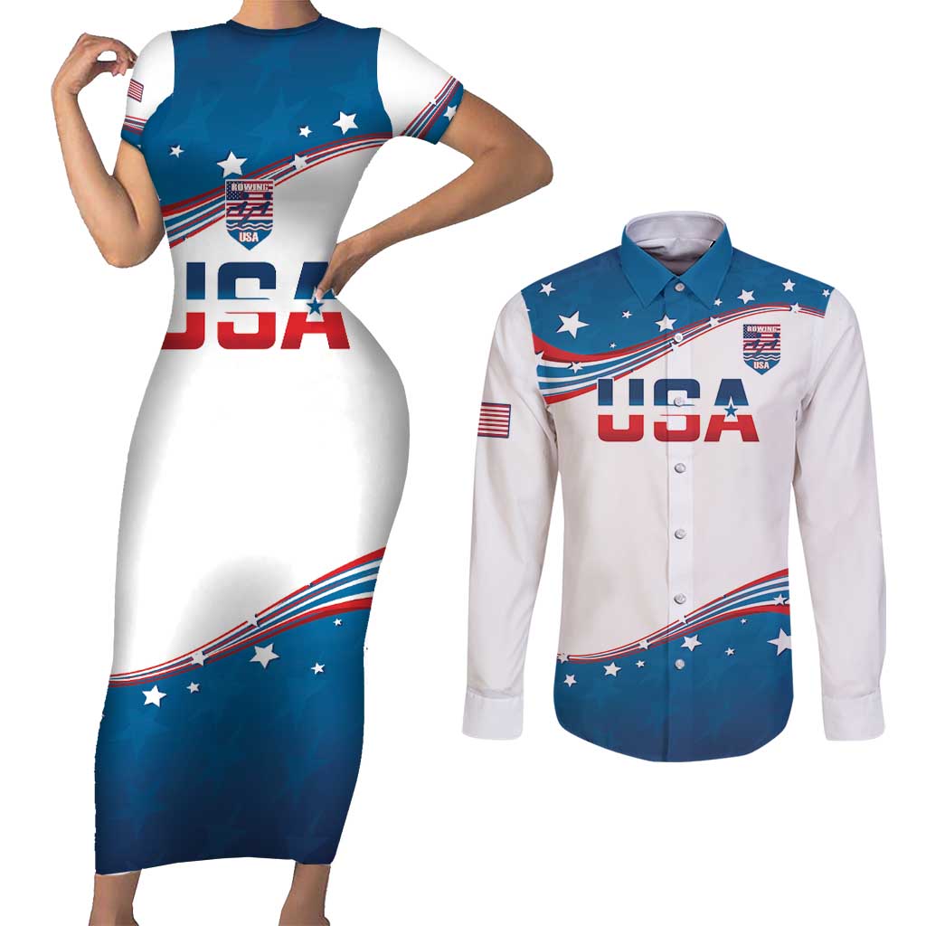 Personalized USA Rowing Couples Matching Short Sleeve Bodycon Dress and Long Sleeve Button Shirt 2024 United States Flag Curve Style - Wonder Print Shop