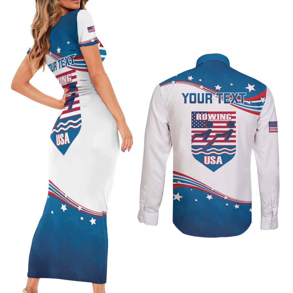 Personalized USA Rowing Couples Matching Short Sleeve Bodycon Dress and Long Sleeve Button Shirt 2024 United States Flag Curve Style - Wonder Print Shop