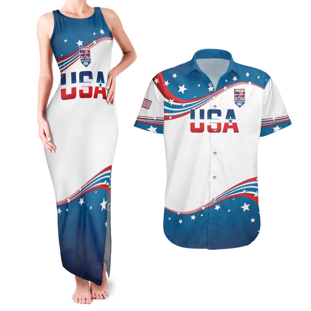 Personalized USA Rowing Couples Matching Tank Maxi Dress and Hawaiian Shirt 2024 United States Flag Curve Style - Wonder Print Shop