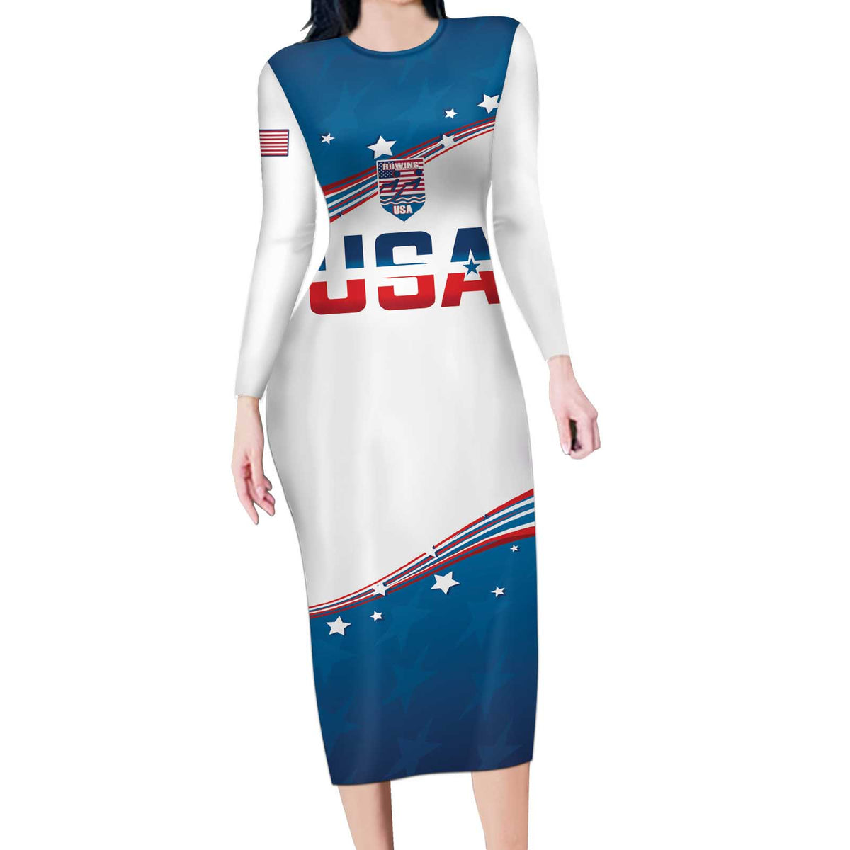 Personalized USA Rowing Long Sleeve Bodycon Dress 2024 United States Flag Curve Style - Wonder Print Shop