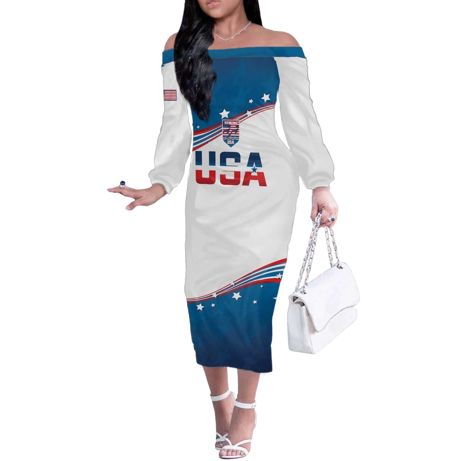Personalized USA Rowing Off The Shoulder Long Sleeve Dress 2024 United States Flag Curve Style - Wonder Print Shop