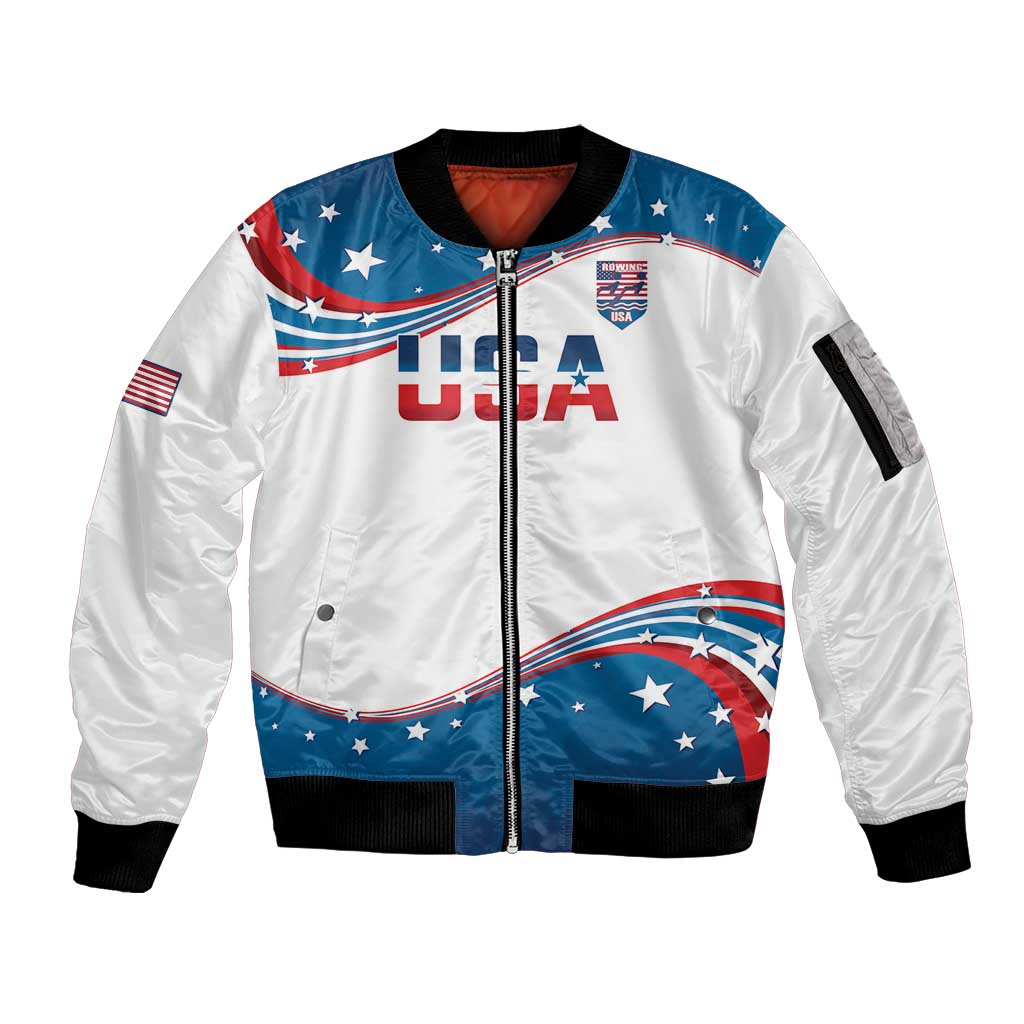 Personalized USA Rowing Sleeve Zip Bomber Jacket 2024 United States Flag Curve Style - Wonder Print Shop