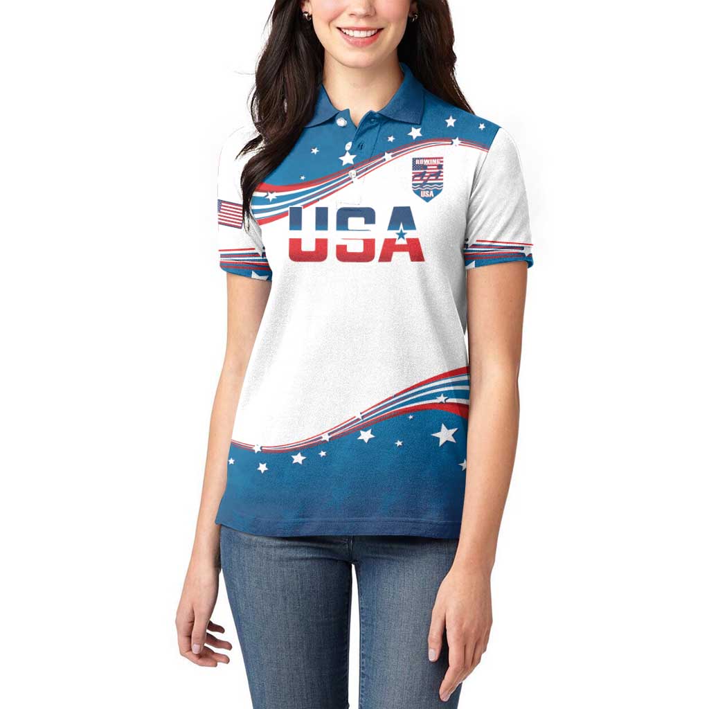 Personalized USA Rowing Women Polo Shirt 2024 United States Flag Curve Style - Wonder Print Shop