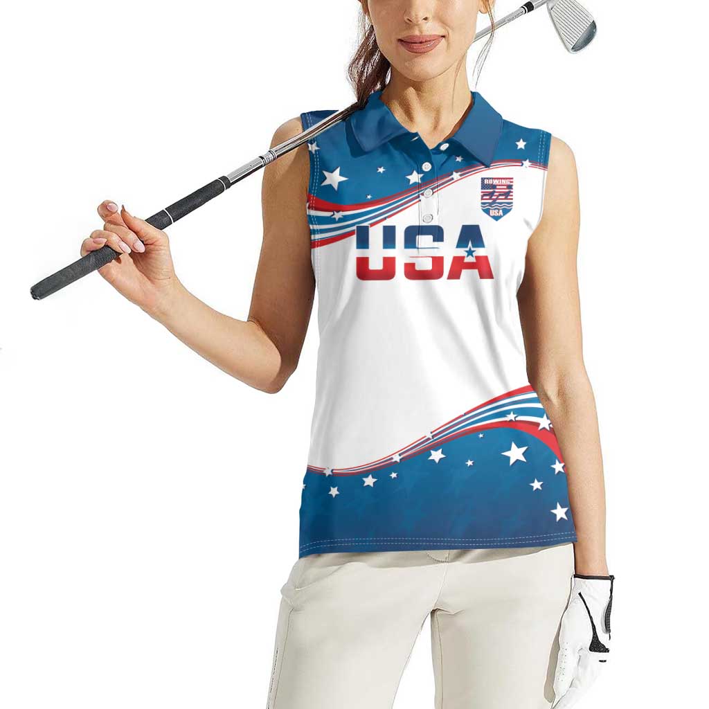 Personalized USA Rowing Women Sleeveless Polo Shirt 2024 United States Flag Curve Style - Wonder Print Shop