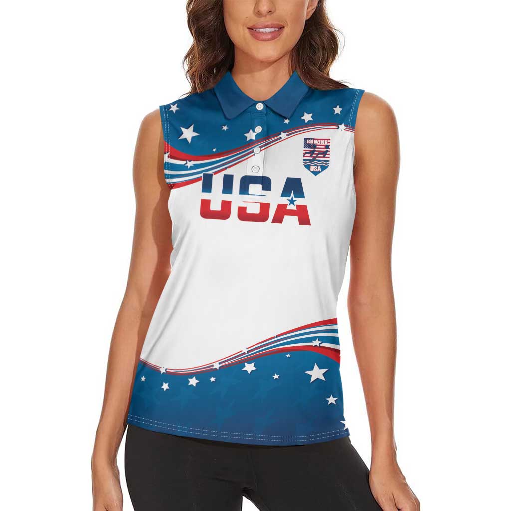 Personalized USA Rowing Women Sleeveless Polo Shirt 2024 United States Flag Curve Style - Wonder Print Shop
