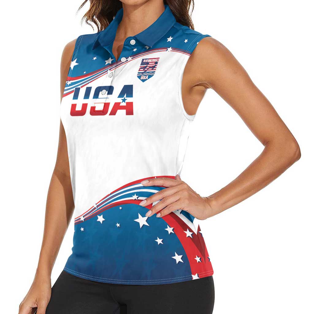 Personalized USA Rowing Women Sleeveless Polo Shirt 2024 United States Flag Curve Style - Wonder Print Shop
