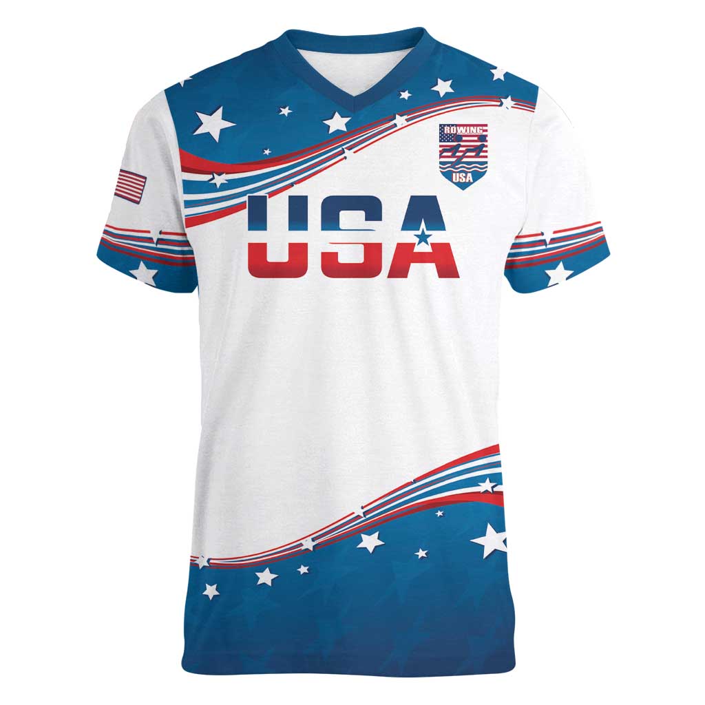 Personalized USA Rowing Women V-Neck T-Shirt 2024 United States Flag Curve Style - Wonder Print Shop