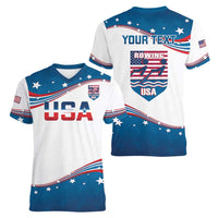 Personalized USA Rowing Women V-Neck T-Shirt 2024 United States Flag Curve Style - Wonder Print Shop