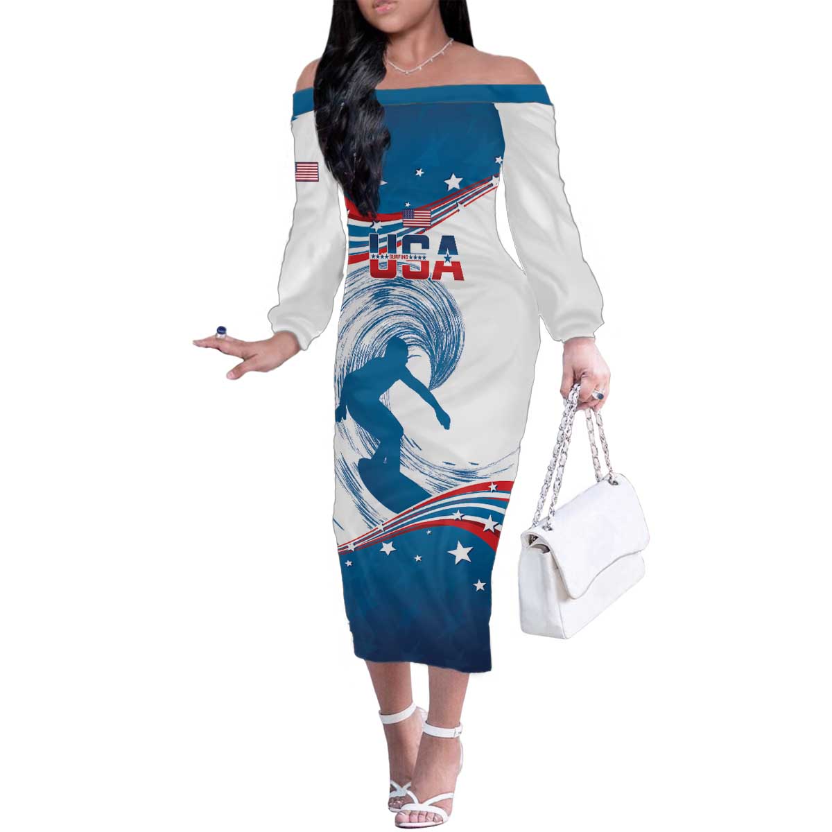 Personalized USA Surfing Family Matching Off The Shoulder Long Sleeve Dress and Hawaiian Shirt 2024 United States Flag Curve Style - Wonder Print Shop