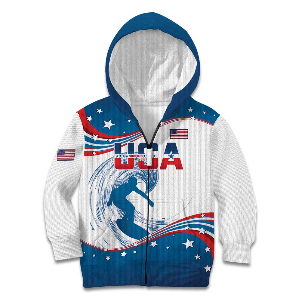 Personalized USA Surfing Kid Hoodie 2024 United States Flag Curve Style - Wonder Print Shop