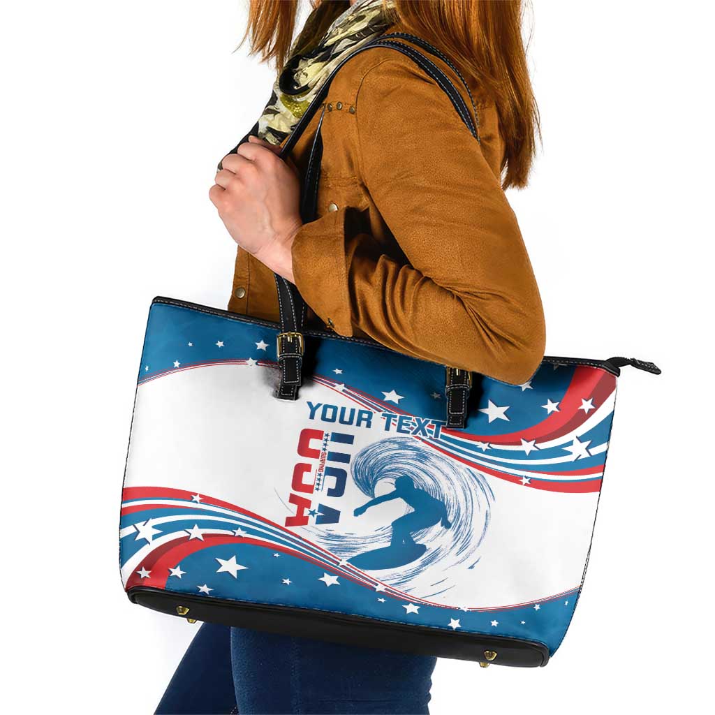 Personalized USA Surfing Leather Tote Bag 2024 United States Flag Curve Style - Wonder Print Shop