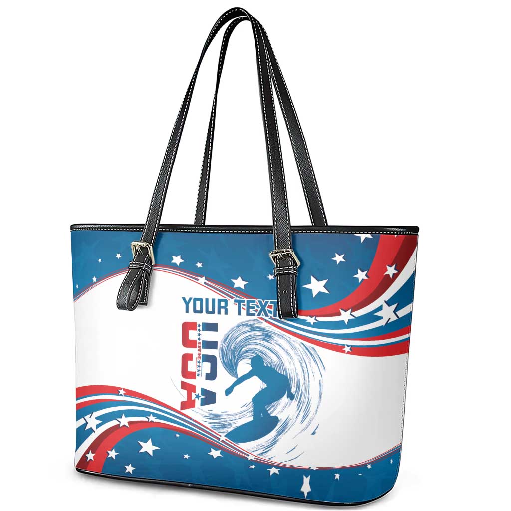Personalized USA Surfing Leather Tote Bag 2024 United States Flag Curve Style - Wonder Print Shop