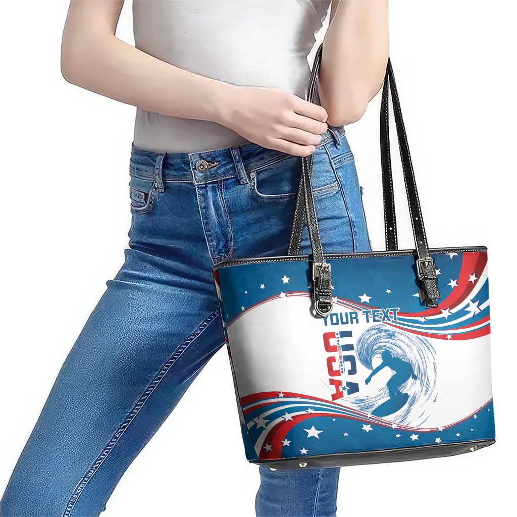 Personalized USA Surfing Leather Tote Bag 2024 United States Flag Curve Style - Wonder Print Shop
