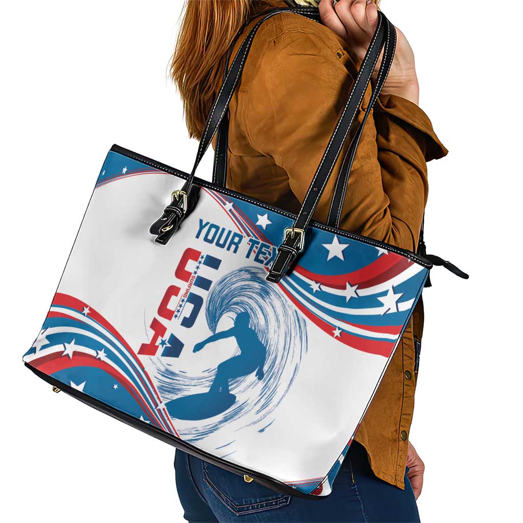 Personalized USA Surfing Leather Tote Bag 2024 United States Flag Curve Style - Wonder Print Shop