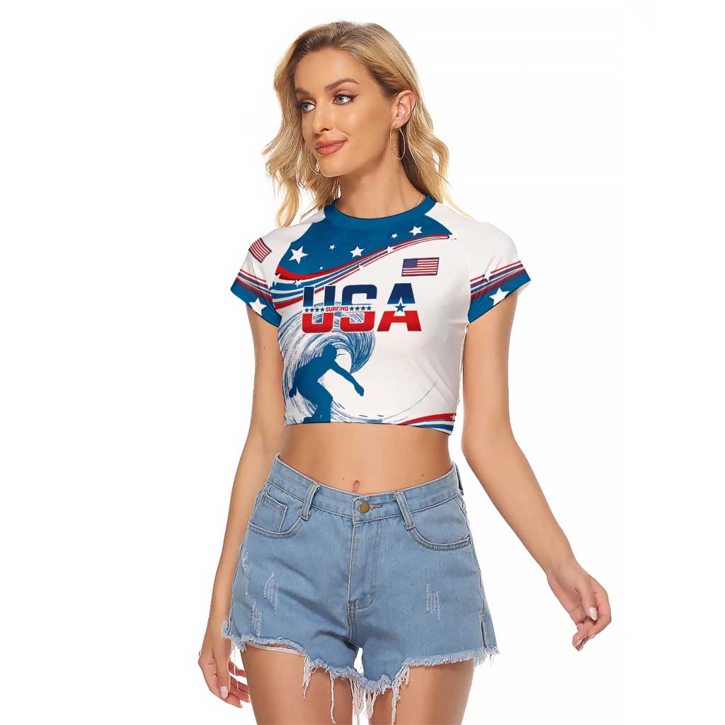 Personalized USA Surfing Raglan Cropped T Shirt 2024 United States Flag Curve Style - Wonder Print Shop
