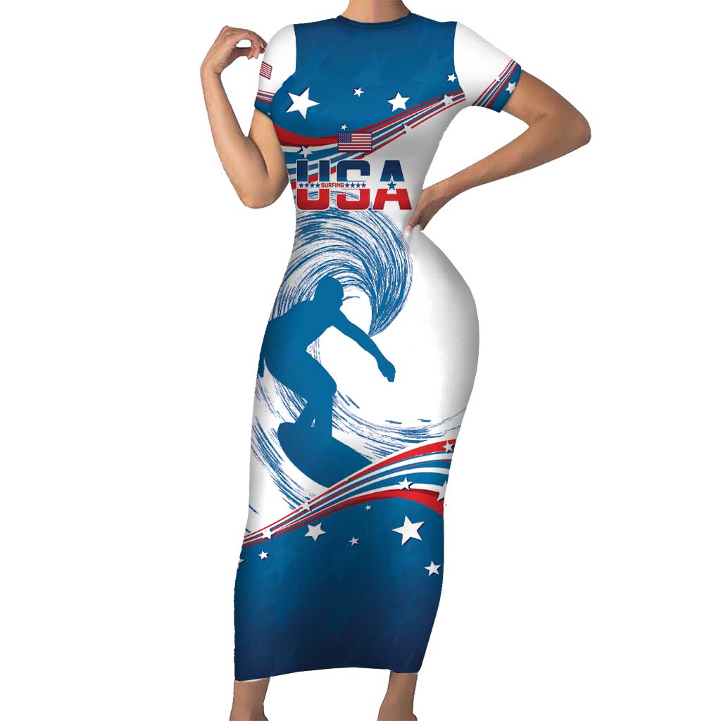 Personalized USA Surfing Short Sleeve Bodycon Dress 2024 United States Flag Curve Style - Wonder Print Shop