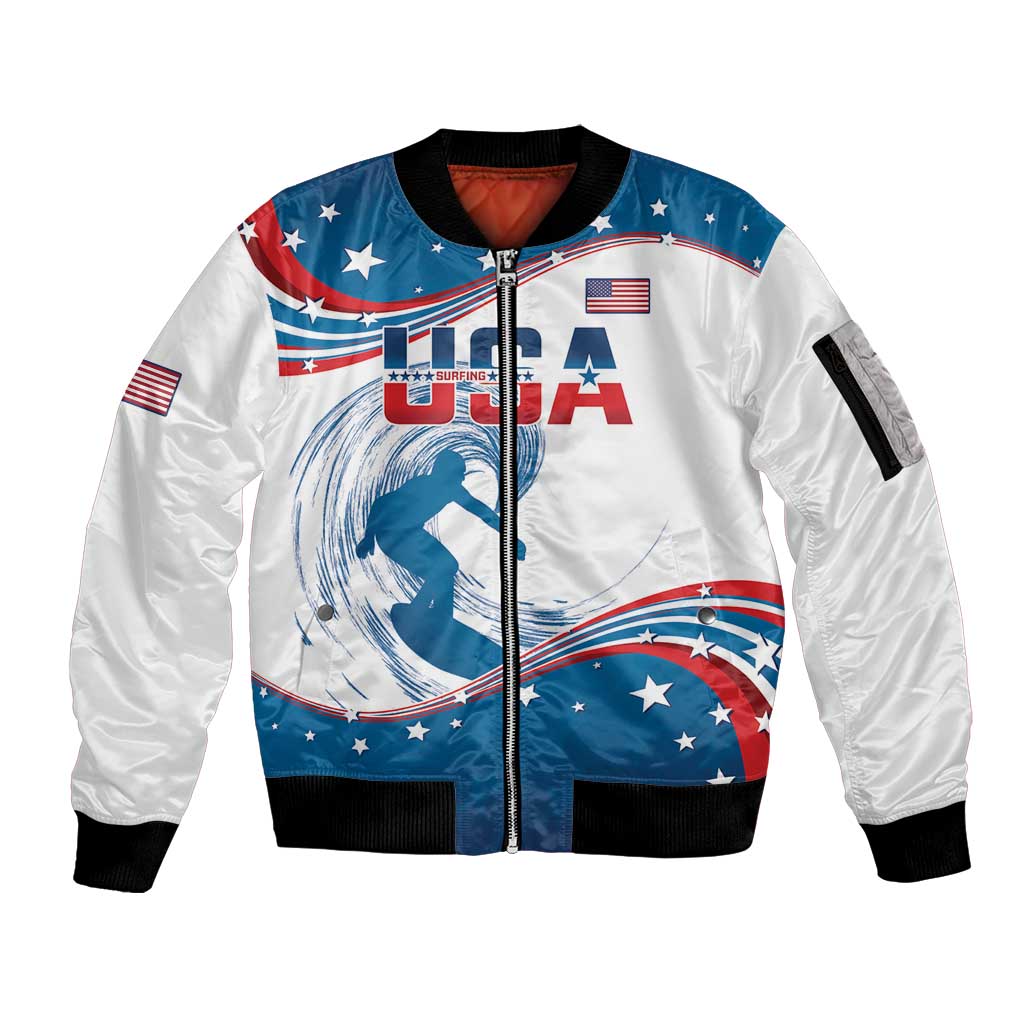 Personalized USA Surfing Sleeve Zip Bomber Jacket 2024 United States Flag Curve Style - Wonder Print Shop