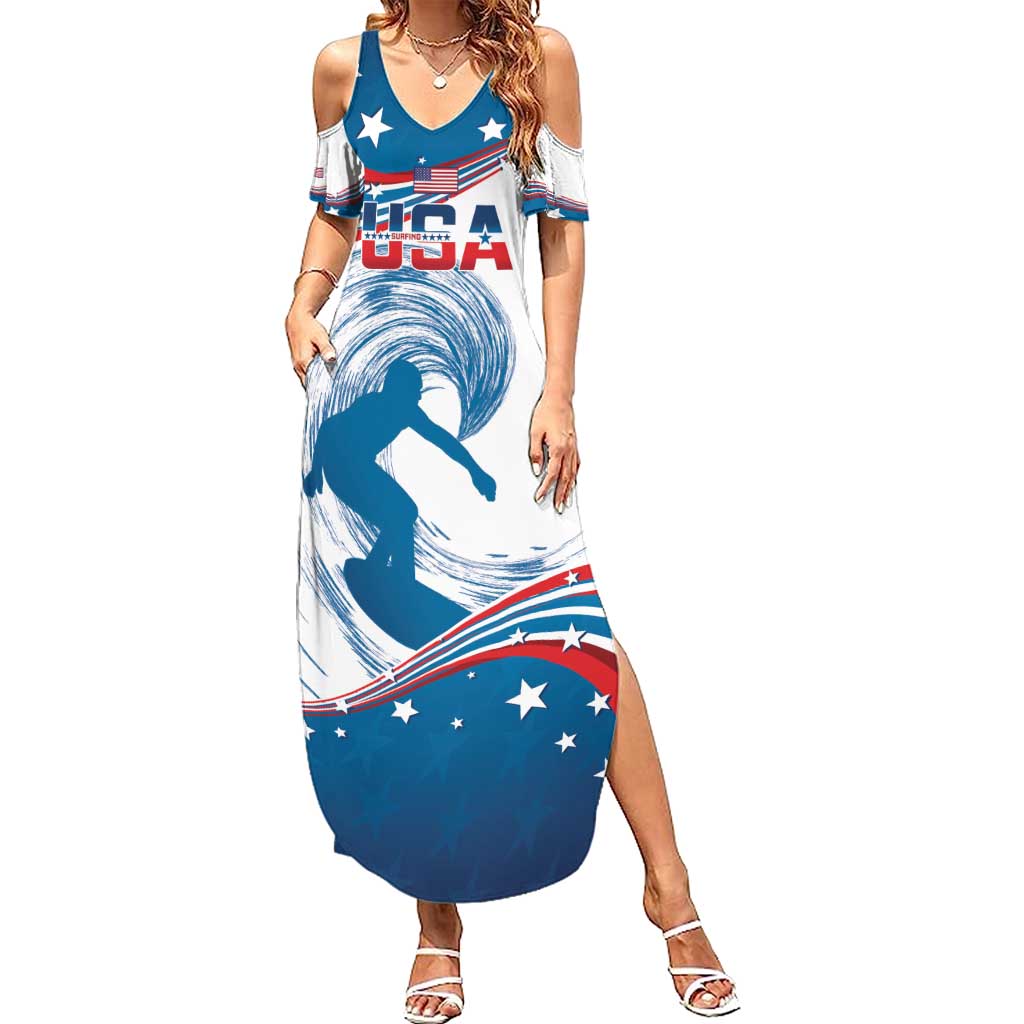 Personalized USA Surfing Summer Maxi Dress 2024 United States Flag Curve Style - Wonder Print Shop