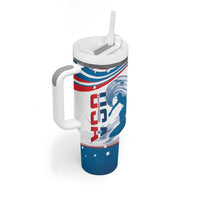 Personalized USA Surfing Tumbler With Handle 2024 United States Flag Curve Style - Wonder Print Shop
