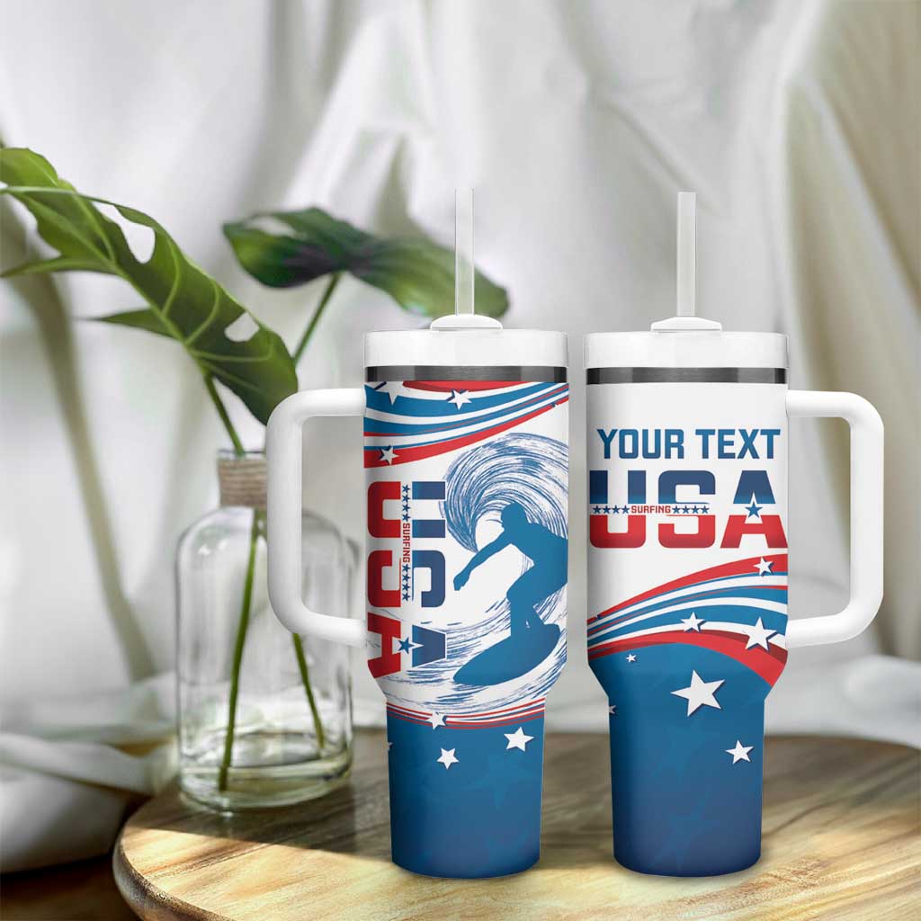 Personalized USA Surfing Tumbler With Handle 2024 United States Flag Curve Style - Wonder Print Shop