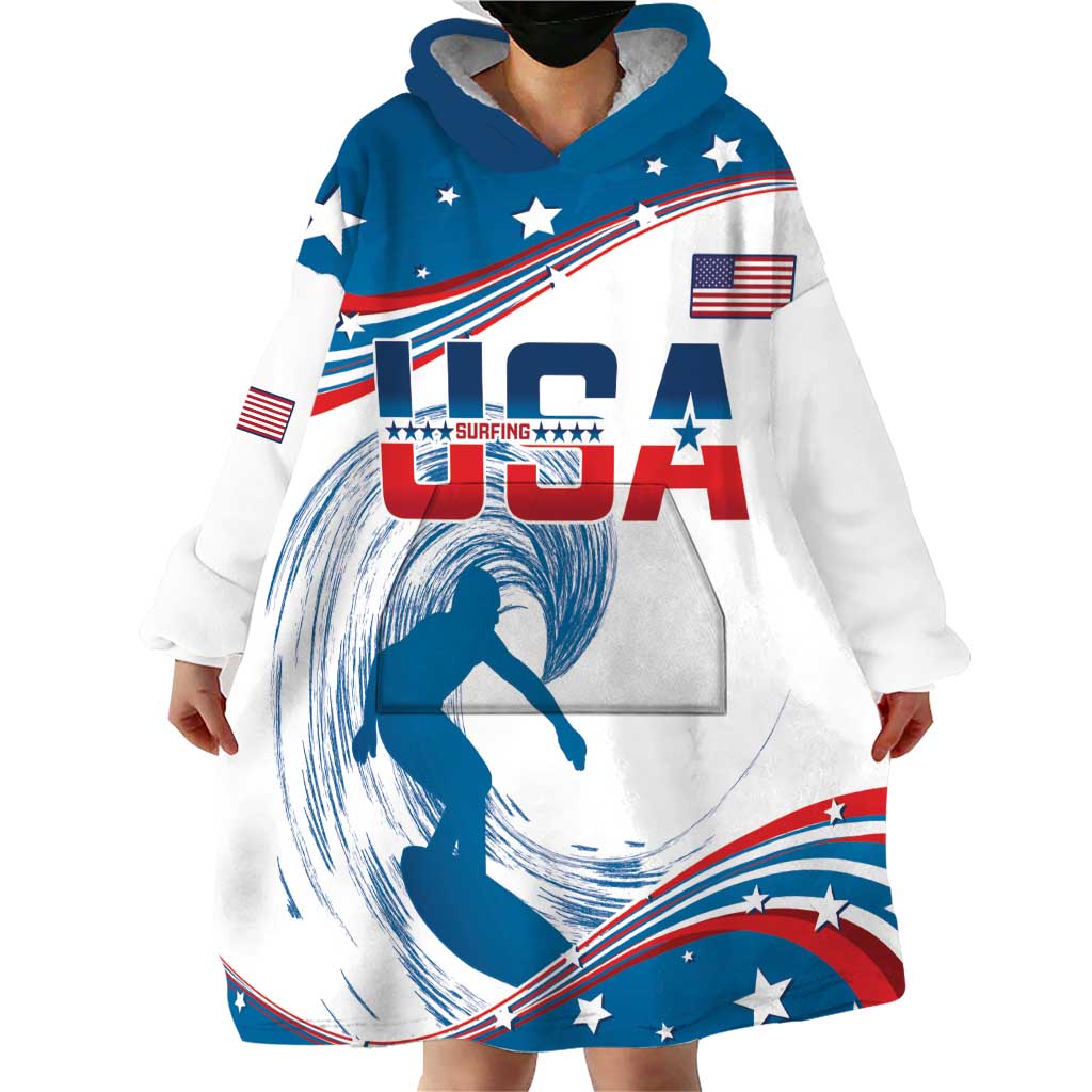 Personalized USA Surfing Wearable Blanket Hoodie 2024 United States Flag Curve Style - Wonder Print Shop