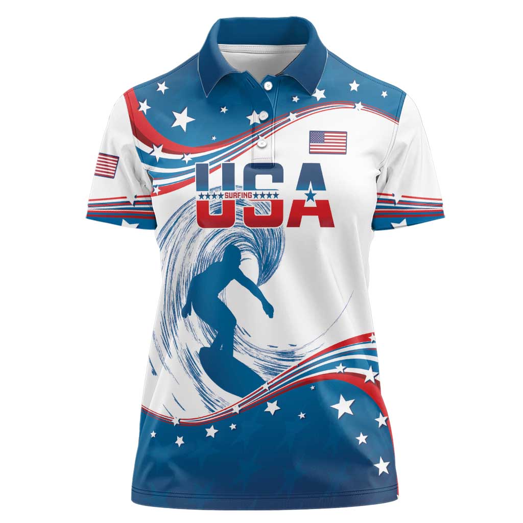 Personalized USA Surfing Women Polo Shirt 2024 United States Flag Curve Style - Wonder Print Shop