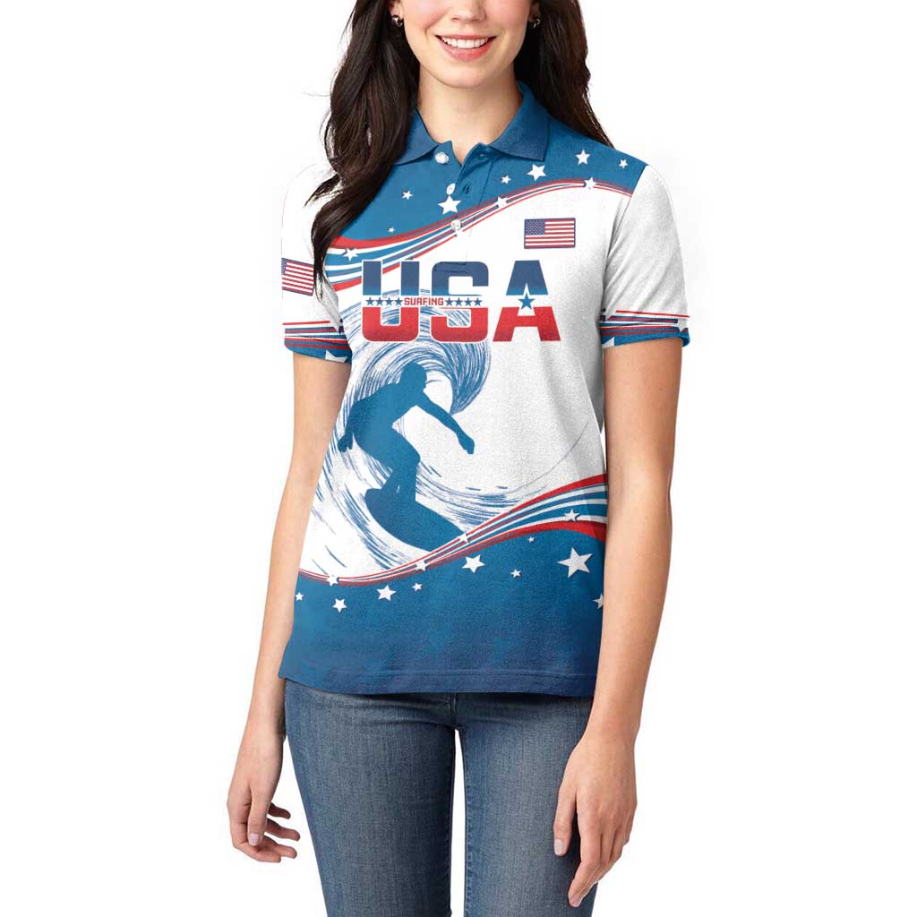 Personalized USA Surfing Women Polo Shirt 2024 United States Flag Curve Style - Wonder Print Shop