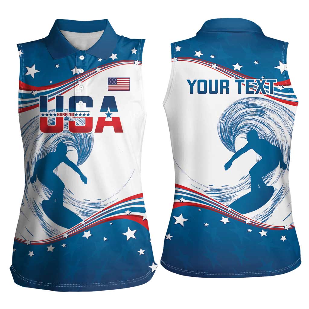 Personalized USA Surfing Women Sleeveless Polo Shirt 2024 United States Flag Curve Style - Wonder Print Shop