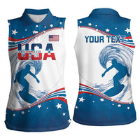 Personalized USA Surfing Women Sleeveless Polo Shirt 2024 United States Flag Curve Style - Wonder Print Shop